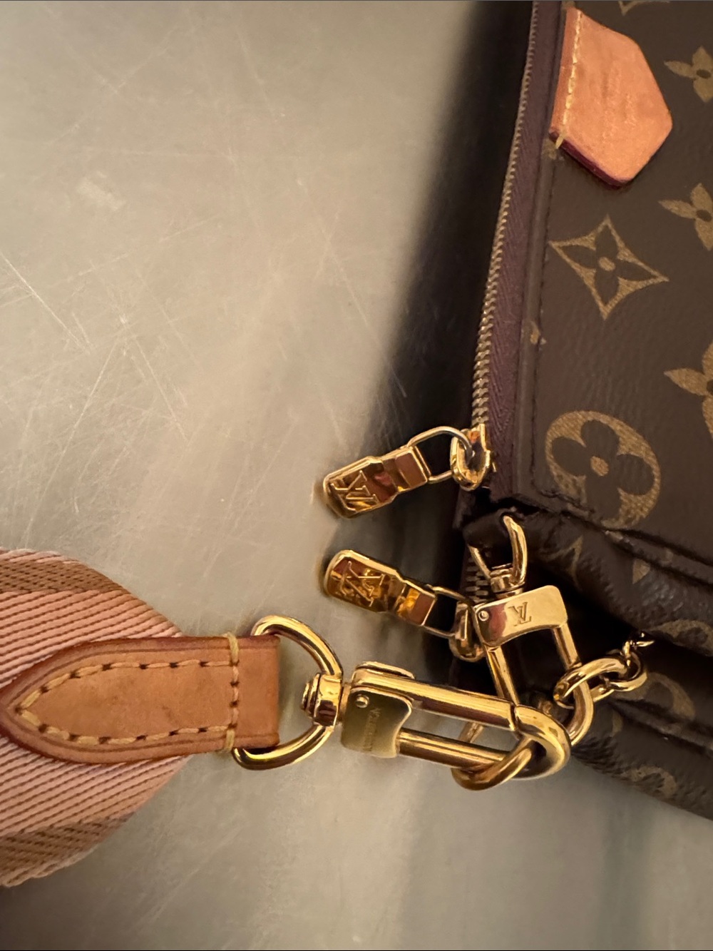Louis Vuitton Brown Monogram Crossbody Bag with Pink Strap - Picture 15 of 17